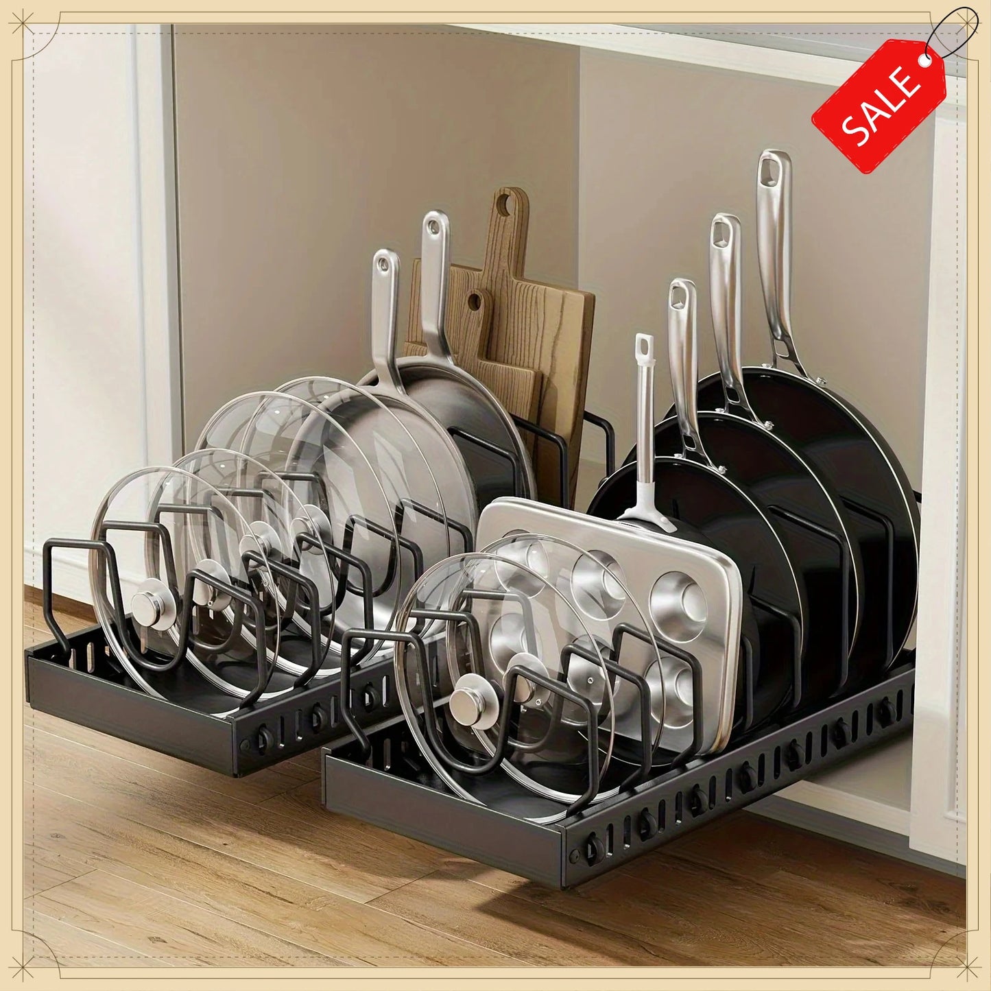 Pull-out Cookware Frying Pan Storage Rack with 8 Adjustable Dividers Pot Lid Holder Under Cabinet Kitchen Organizer
