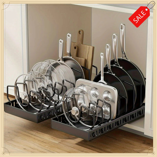 Pull-out Cookware Frying Pan Storage Rack with 8 Adjustable Dividers Pot Lid Holder Under Cabinet Kitchen Organizer