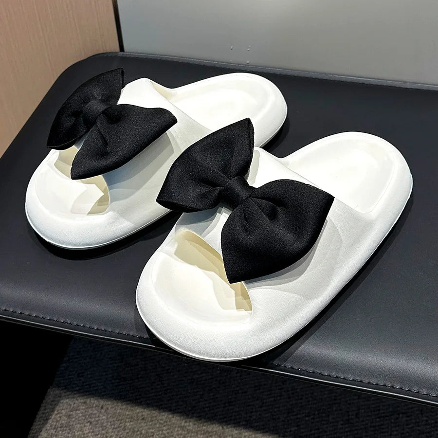 Fashion Bow Tie Slippers for Women Outdoor Thick Soft Sole Slippers Non Slip Slides Sweet Girls Beach Open Toe Shoes