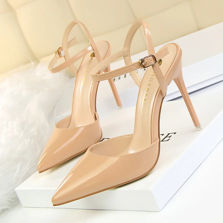 Women High Heels Sandals Metallic Gray Patent Leather Stripper Ankle Strap Wedding Nightclub Pointed Toe Party Valentine 86-1