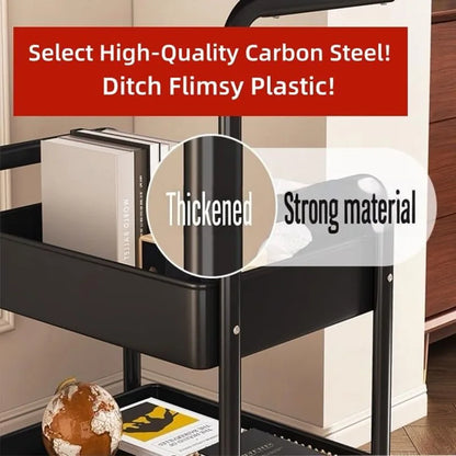 Three-Tier Metal Rolling Multi-Purpose Storage Cart with Walnut Wood Tabletop, Stable and Durable, with Two Lockable Wheels, Suitable for Kitchen, Bathroom, Snacks, Coffee, Crafts, Cosmetics and Baby Products