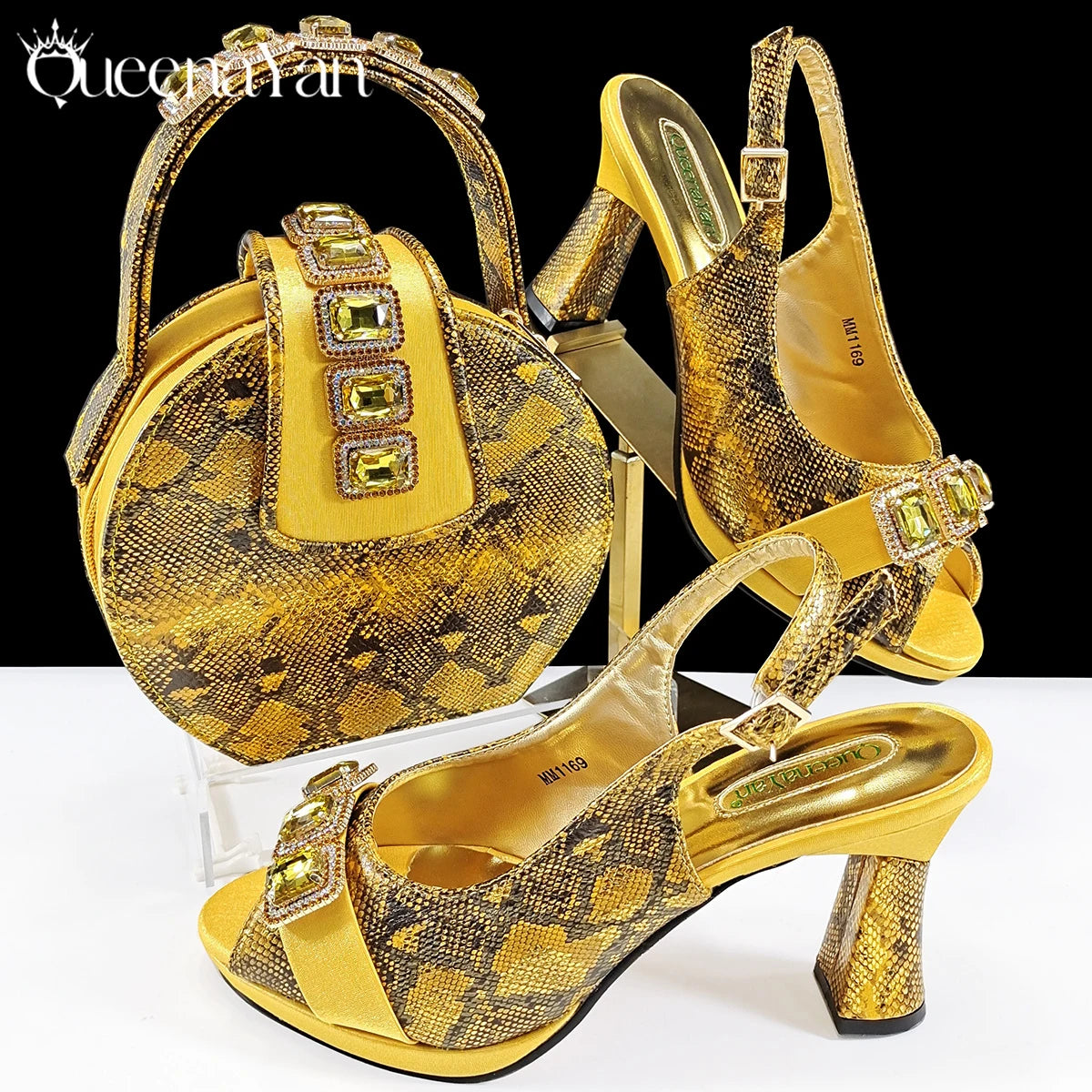2025 Elegant Green Peep-Toe Women Heel Pumps for Italian Matching Party Shoes and Bags Set for Parties with Diamond Accents