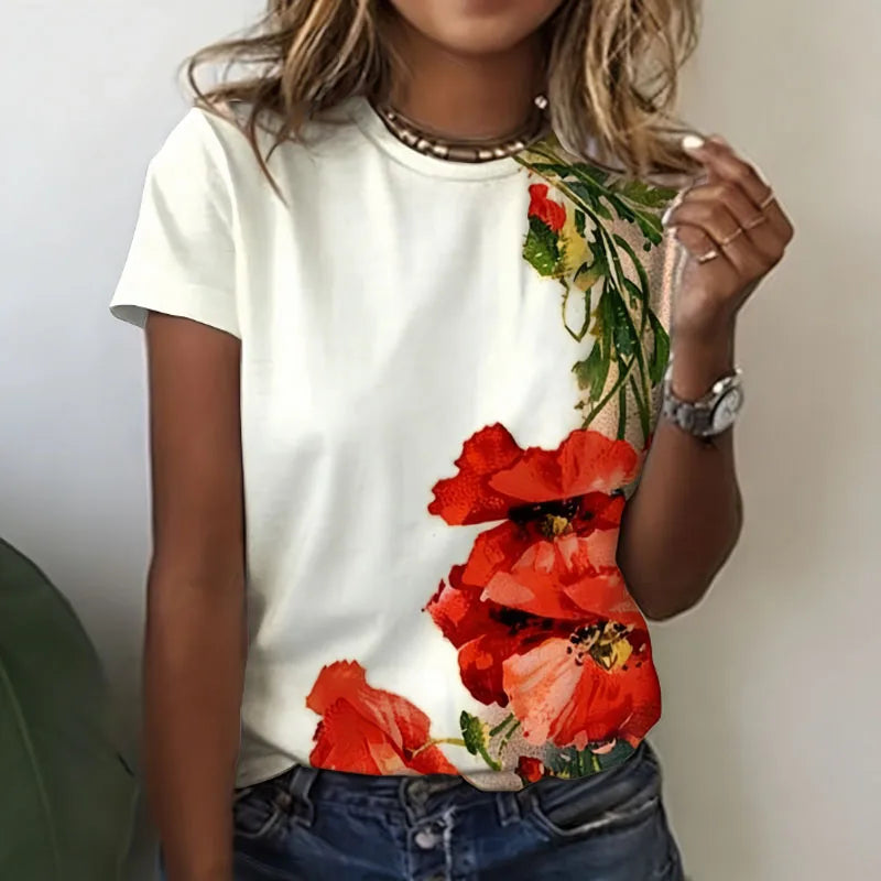 Lady T Shirts Crew Neck Short Sleeve Gradient Purple Flower Branch Print T Shirt Women's Outfits Casual Streetwear Cool Clothes