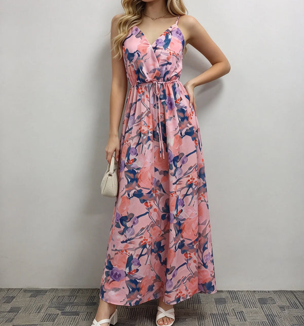 Floral Tie-Waist V-Neck Maxi Dress