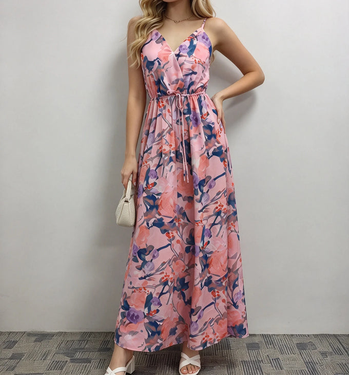 Floral Tie-Waist V-Neck Maxi Dress