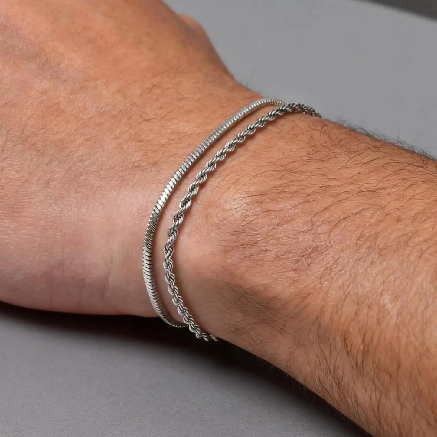 2pcs Men's Chain Bracelets,Silver Color Stainless Steel Rope Twisted Adjustable Chain Wristband,Simple Jewelry Gift for Dad Him
