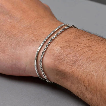 2pcs Men's Chain Bracelets,Silver Color Stainless Steel Rope Twisted Adjustable Chain Wristband,Simple Jewelry Gift for Dad Him