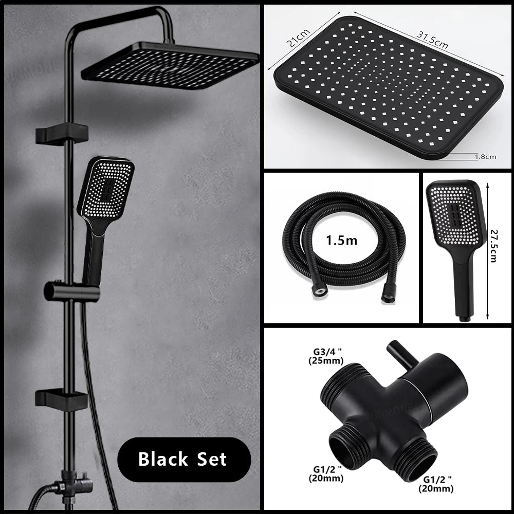 Black Shower Column Set Bathroom Accessories 3 Way Water Diverter Valve Bathtub Mixer Showers Faucet Pressurization Shower Head