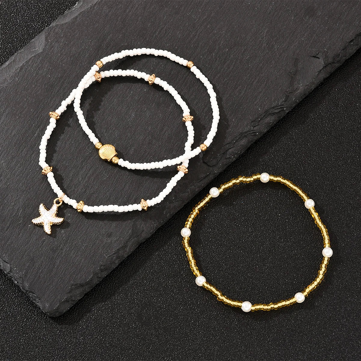 3Pcs/Set Bohemian Starfish Rice Beads Shell Anklet Set for Women Summer Gold White Color Multilayer Anklet Vacation Jewelry Gift