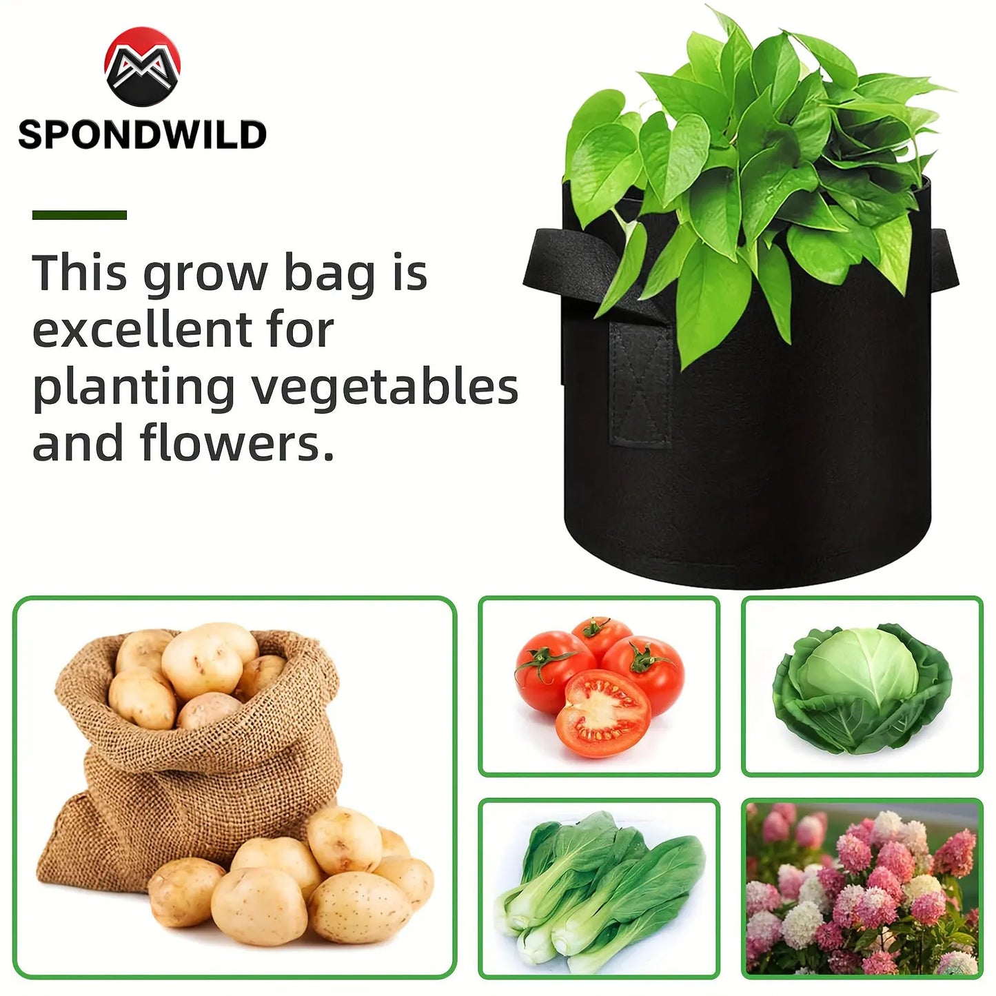 SPONDWILD 10 Pcs set Thickened Potato Planting Bag 3/5/7/10/15 Gallon Garden Non-Woven Fabric Gardening Pot Vegetable Flowerpot