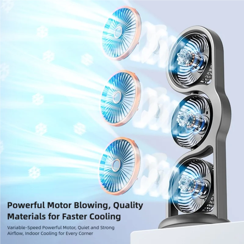 TINSOL Portable Three-Head Fan, 360° Wind Direction Adjustment, Five-Speed Wind, Dormitory and Outdoor Desktop Fan