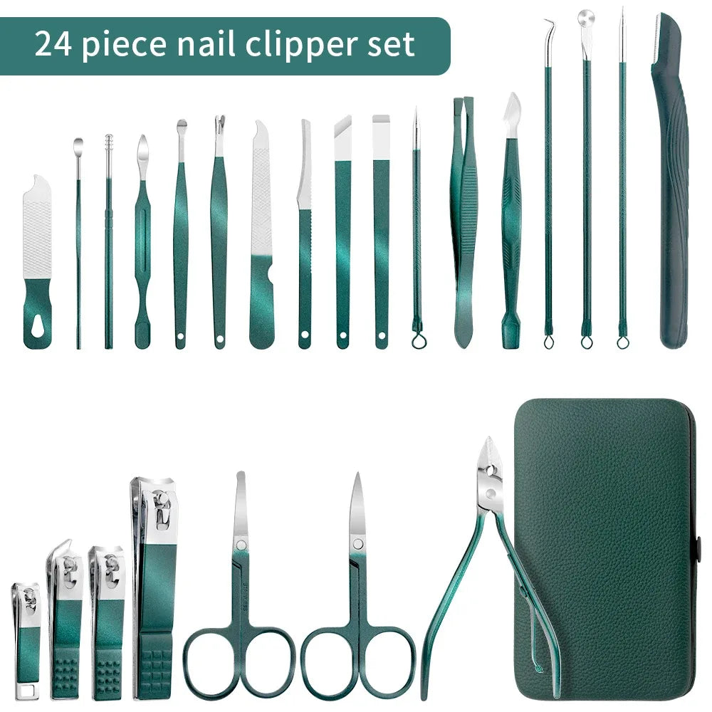 Nail clipper set, home nail clippers, dark green 7-24piece set, pedicure, exfoliation and nail care tools