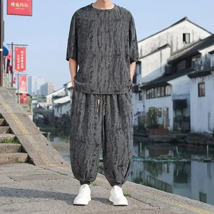 Men's Chinese Style Linen Co-ord Set Oversized Jacquard T-Shirt & Harem Pants Two Piece Outfit