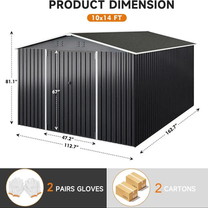VIWAT 10x14FT Galvanized Steel Storage Shed, Reinforced Frame & Lockable Door, Garden Tool Shed for Backyard, Patio