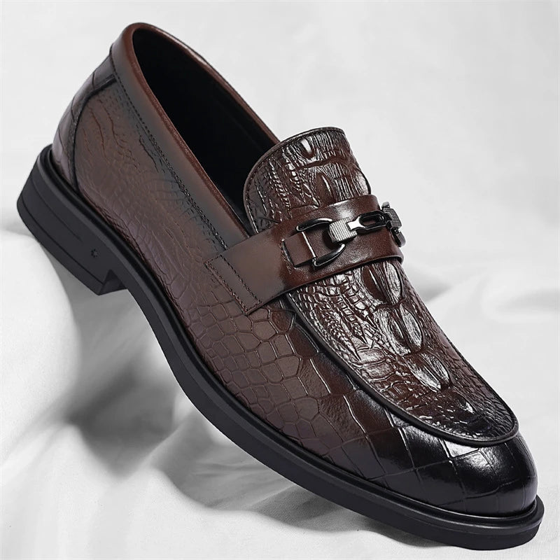 Mens Black Crocodile Embossed Leather Loafers With Metal Horsebit Buckle Thick Sole Formal Business Wedding Party Dress Shoes