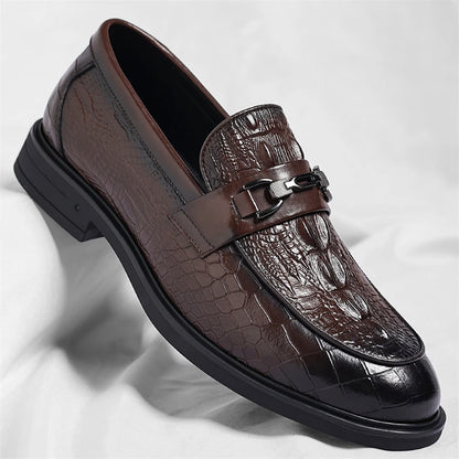 Mens Black Crocodile Embossed Leather Loafers With Metal Horsebit Buckle Thick Sole Formal Business Wedding Party Dress Shoes