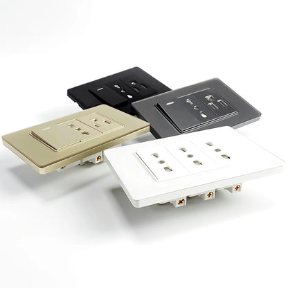 118*75mm TEMPERED GLASS SWITCH PANEL Wall Socket with USB Type - C, Grey US Switch, Thai Plug for Home & Office Use