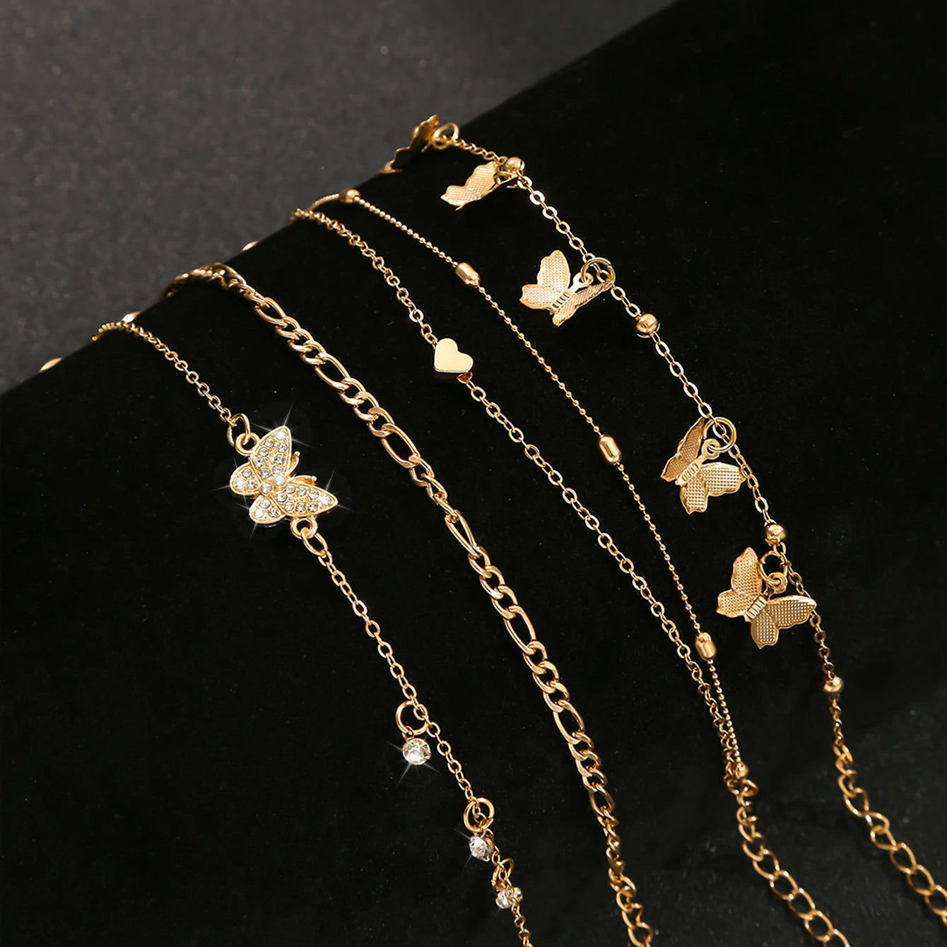 Elegant Butterfly Heart-shaped Pendant Ankle Chain Inlaid Shiny Rhinestones Summer Vacations Beach Party Women's Foot Jewelry