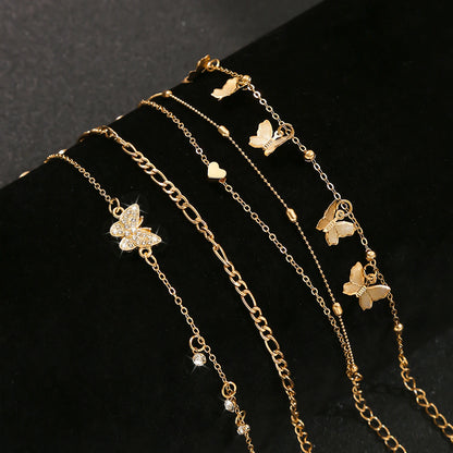 Elegant Butterfly Heart-shaped Pendant Ankle Chain Inlaid Shiny Rhinestones Summer Vacations Beach Party Women's Foot Jewelry