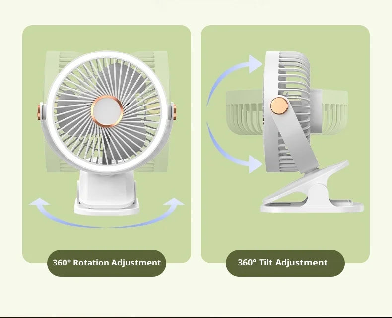 Portable Clip On Fan With LED Light, 720° Rotation Mini USB Rechargeable Fan, 5 Speed Quiet Cooling Fan For Home Office Camping