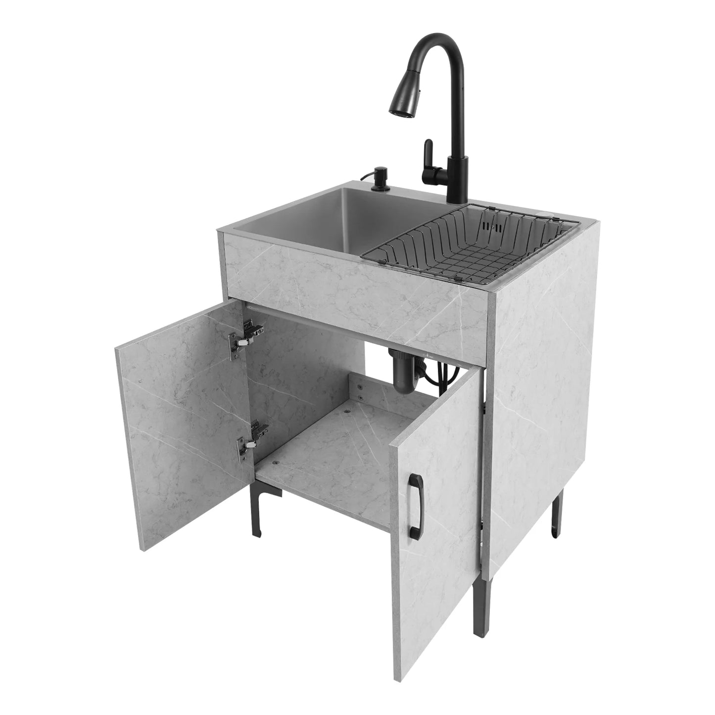 Freestanding Kitchen Sink Cabinet with Pull Out Faucet, Grey Stainless Steel Laundry Utility Sink with Drain Board