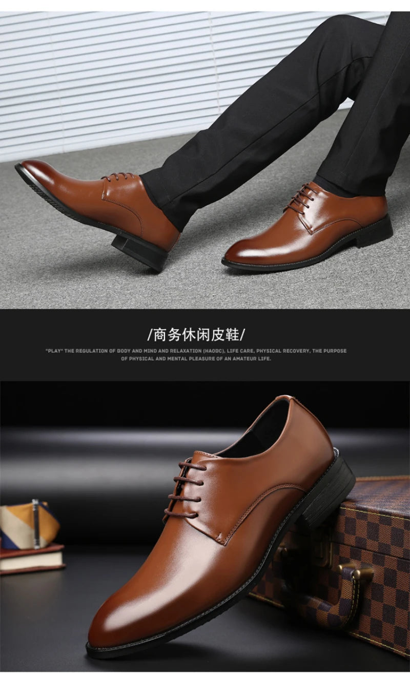 Mens Breathable Leather Dress Shoes Formal Business Footwear Pointed Toe Lace Up Flat Sole Groom Wedding Shoes Simple Leisure
