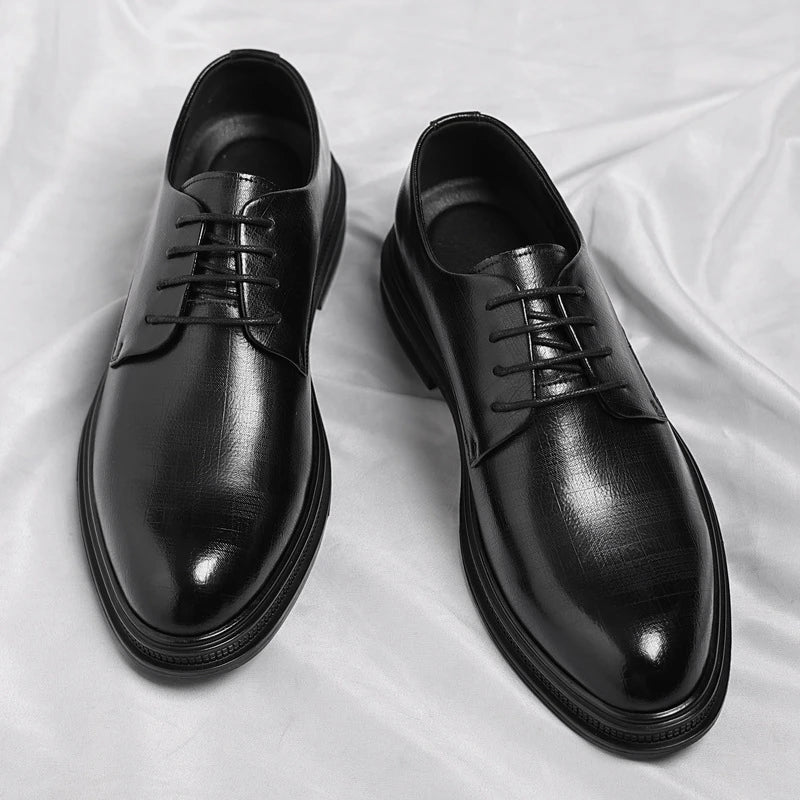 Mens Black Vintage Genuine Leather Lace Up Formal Business Office Groom Wedding Daily Wear Dress Shoes Simple British Style