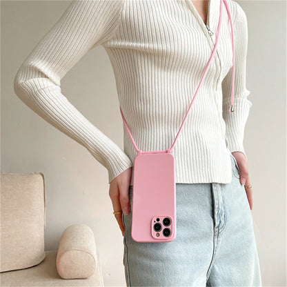 Crossbody Necklace Lanyard Cord Strap Liquid Silicone Case For iPhone 17 16 15 13 11 12 14 Pro Max XS XR X Plus Soft Candy Cover