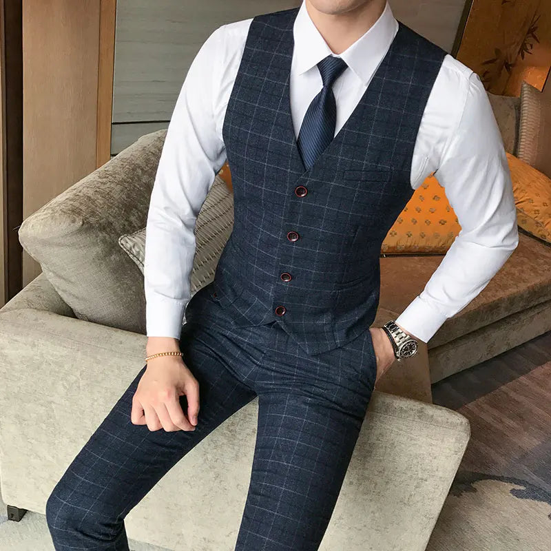 ( Vest + Pants ) 2Pce Set Mens Fashion Plaid Slim Casual Business Suit Vest Pants Groom Wedding Dress Formal Waist Coat Trousers