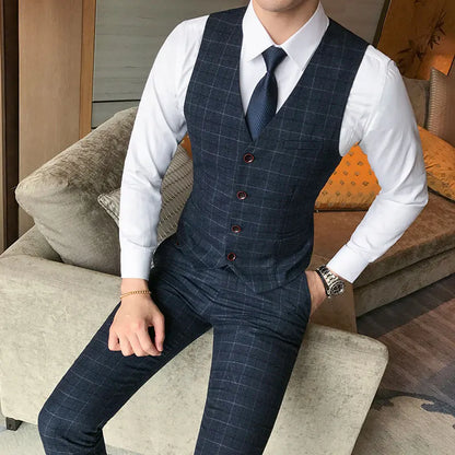 ( Vest + Pants ) 2Pce Set Mens Fashion Plaid Slim Casual Business Suit Vest Pants Groom Wedding Dress Formal Waist Coat Trousers