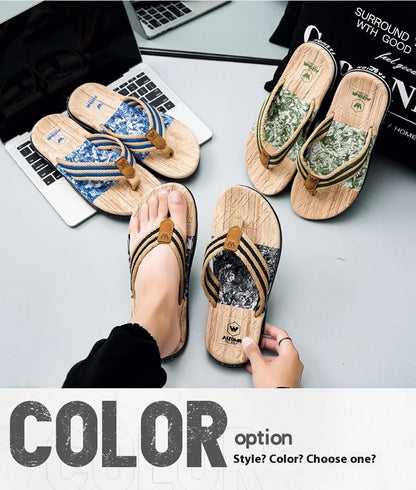 Japanese wood grain flip flops for men in summer wear anti-slip trend printed soft bottom clip foot stroke beach sand sand