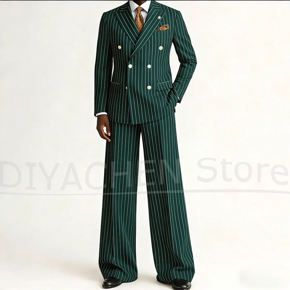 Men's Striped Double Breasted Suit Set Fashion Peak Lapel Formal Outfits 2 Piece Wedding Business Events Casual Male Suit