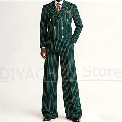 Men's Striped Double Breasted Suit Set Fashion Peak Lapel Formal Outfits 2 Piece Wedding Business Events Casual Male Suit