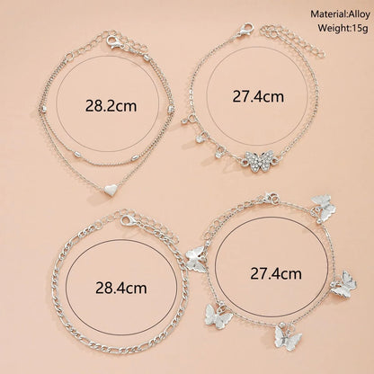 Elegant Butterfly Heart-shaped Pendant Ankle Chain Inlaid Shiny Rhinestones Summer Vacations Beach Party Women's Foot Jewelry