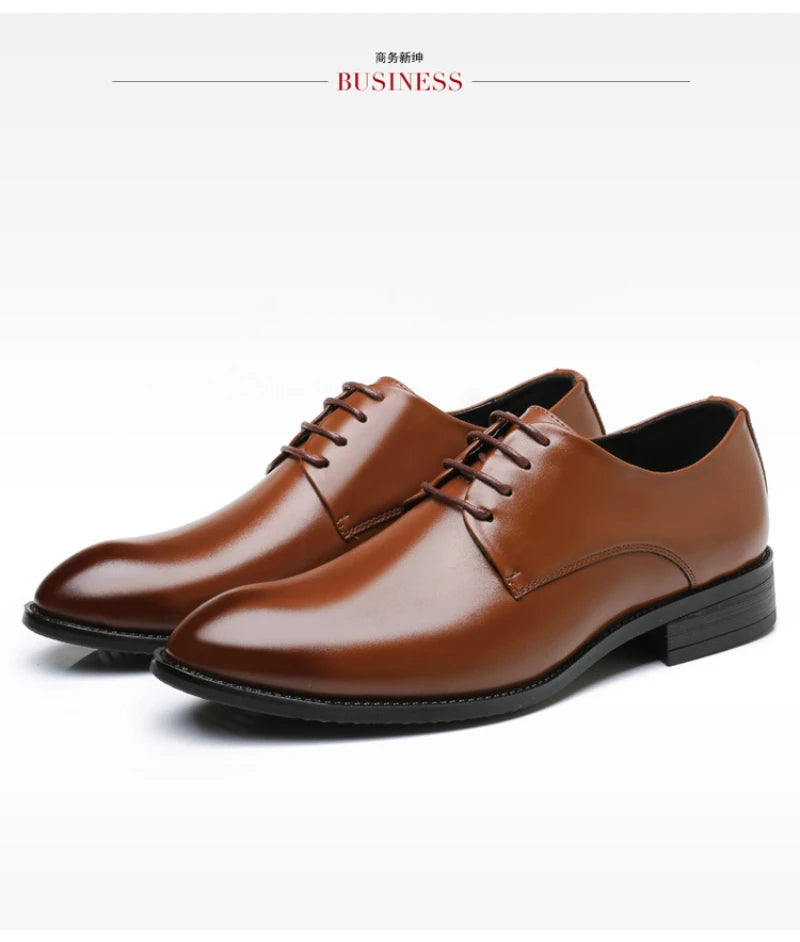 Mens Breathable Leather Dress Shoes Formal Business Footwear Pointed Toe Lace Up Flat Sole Groom Wedding Shoes Simple Leisure