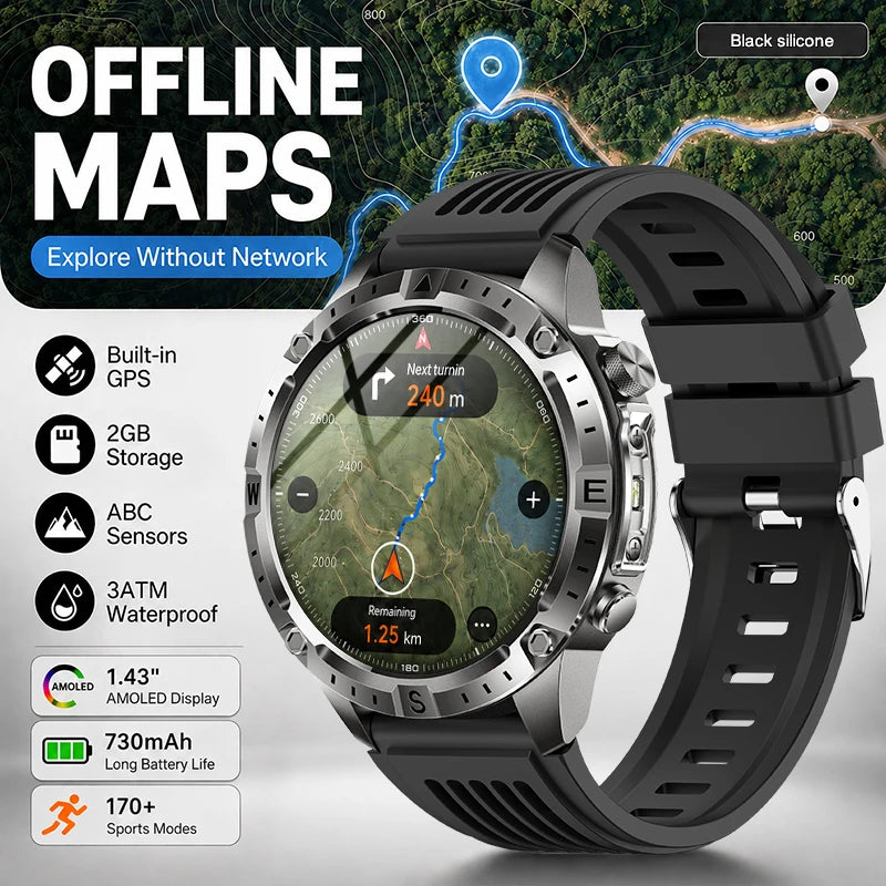 New Outdoor GPS Offline Map Smart Watch Men 3ATM Waterproof 170+ Sports LED Compass Altimeter AMOLED Bluetooth Call Smartwatch