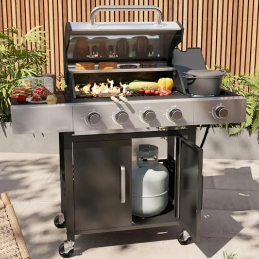 4-Burner Propane Grill with Side Burner 49000 BTU Gas Grill Stainless Steel Outdoor Grill with Cast Iron Grates and Side Tables