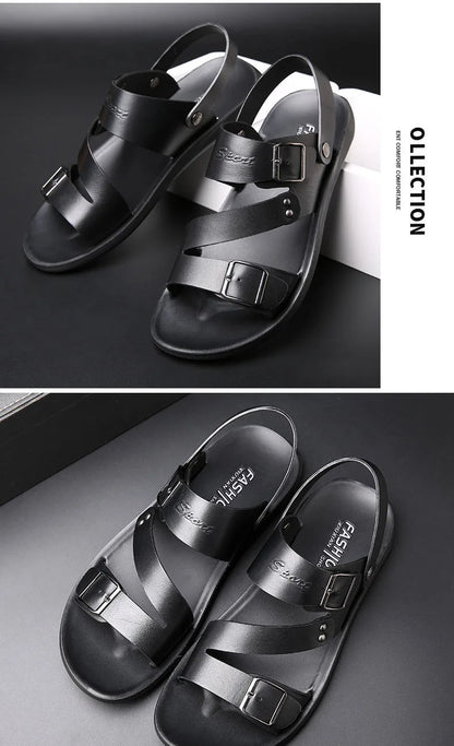 Fashion Sandals Male Solid Color PU Leather Men Shoes Summer Comfortable Open Toe Leather Mens Sandals Beach Leather Footwear