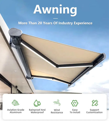 Electric waterproof full cassette aluminum alloy frame retractable awning articulated arm patio garden awning