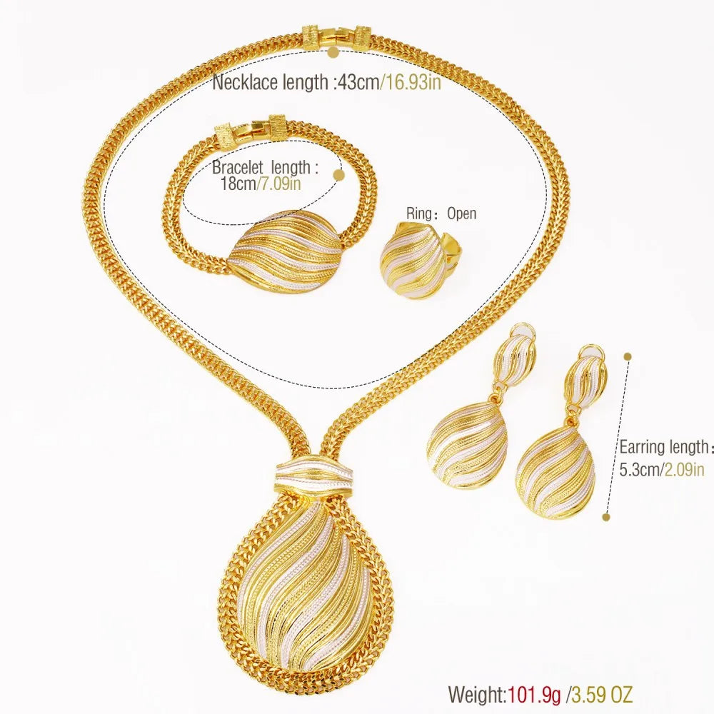 GZJPEI Two Tone Jewelry Set Gold Plated Big Pendant Necklace Bracelet Water Drop Earring Ring For Women Wedding Gifts 2025 New