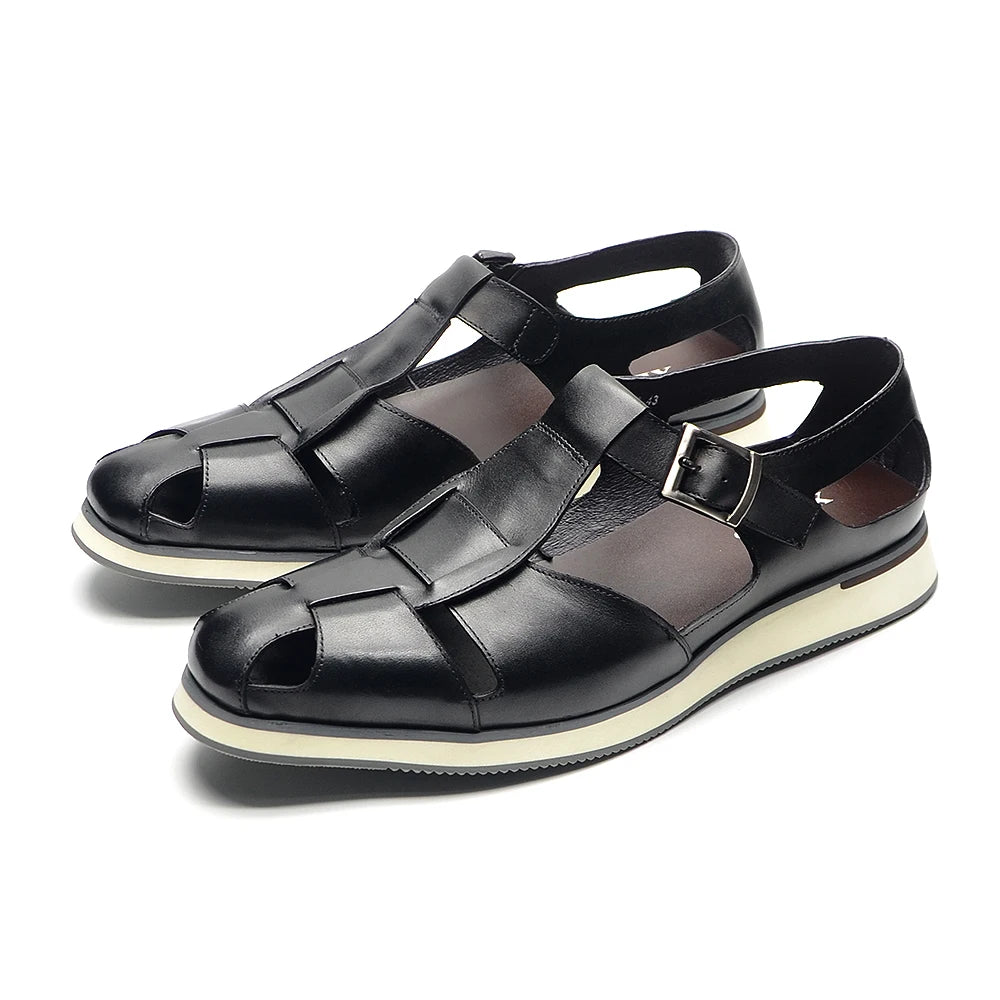 XEBOS Men's Sandals Genuine Leather Cowhide Summer Outdoor Flat Shoes Casual Sneakers Buckle Strap Black Brown Male Footwear