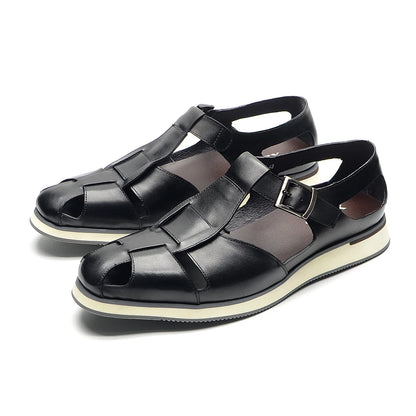 XEBOS Men's Sandals Genuine Leather Cowhide Summer Outdoor Flat Shoes Casual Sneakers Buckle Strap Black Brown Male Footwear
