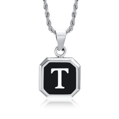 Initials Necklaces for Men Women,A-Z 26 Letters Black Square Stainless Steel Pendant Collar,45-60CM Twisted Rope Chain Gifts