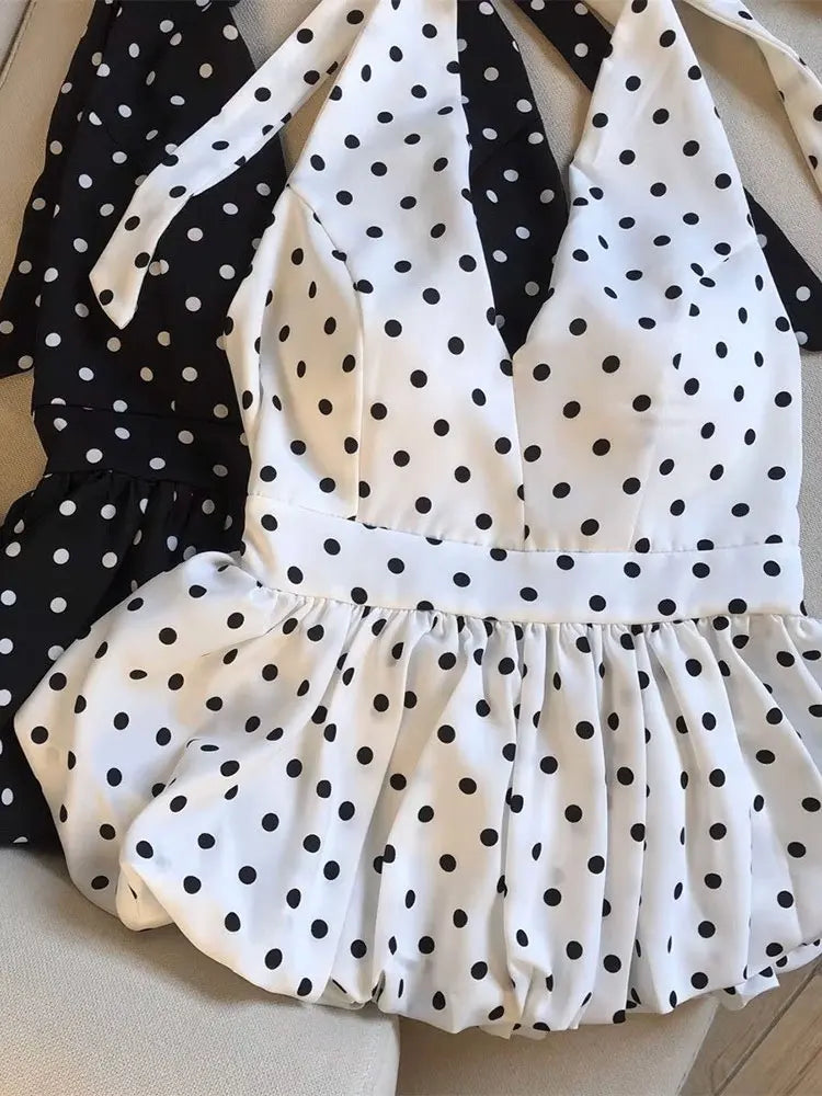 Backless Sexy Halter Beach Babydoll Crop Tops Women Polka Dots V Neck Sleeveless T Shirt Ruffles Basic Tees Not-Padded Pad