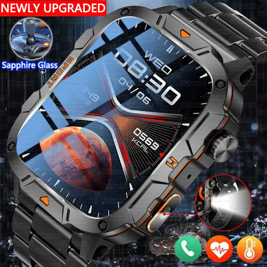 2025 New Military Grade Smart Watch Men 1.96" AMOLED Screen 5ATM Waterproof Simming Sports Fitness Tracker BT Call Smartwatches
