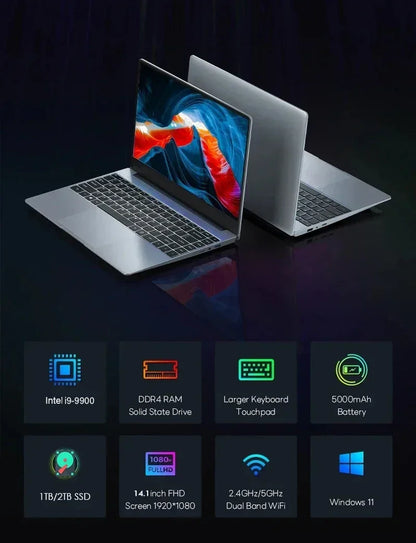 2026 14.1 Inch Ultra Thin Laptop 2026 Win11 Intel I9-9880H DDR4 16GB/32GB RAM 2TB SSD Portable Business Notebook
