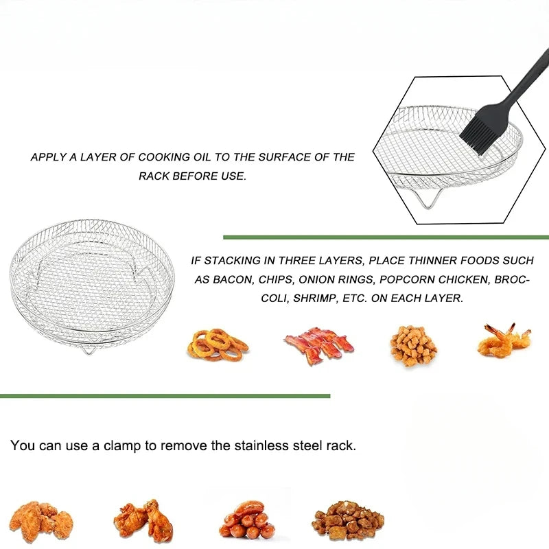 Air Fryer Rack Baking Tray Stackable Grilling304Stainless Steel Airfryer Oven Grill Steamer Cooker Kitchen Gadgets Cooking Tools