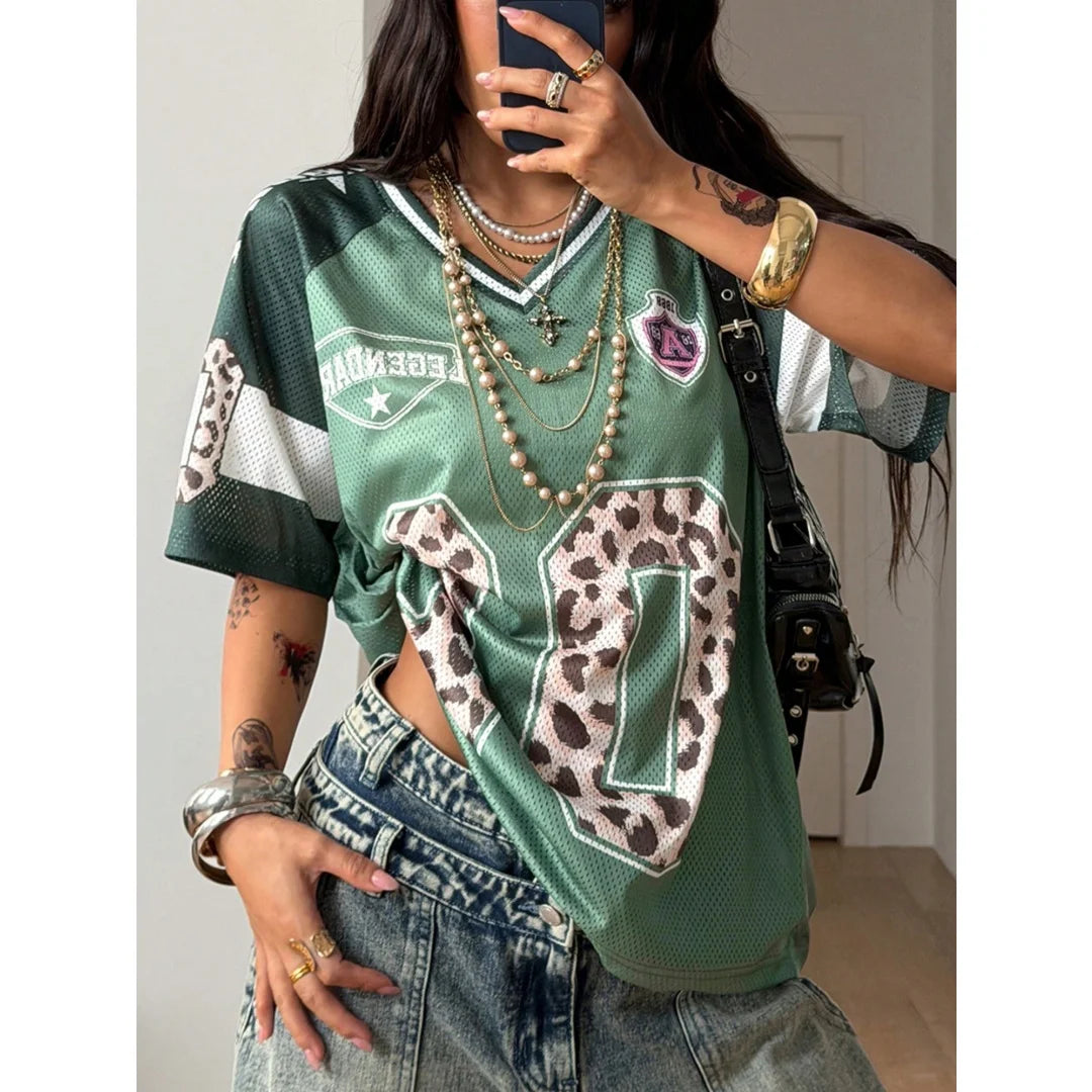 Women's Summer Going Out Streetwear Y2K Leopard Print Number Graphic Jersey Short Sleeve V Neck T Shirt Sporty Casual Tops
