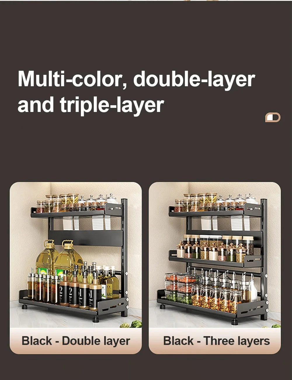 3 Tier Spice Storage Rack for Countertop Adjustable Spice Organization For Cabinet Kitchen Organizer Metal Shelf Black