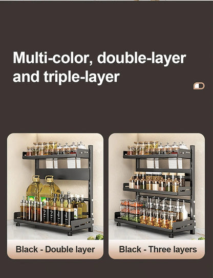 3 Tier Spice Storage Rack for Countertop Adjustable Spice Organization For Cabinet Kitchen Organizer Metal Shelf Black